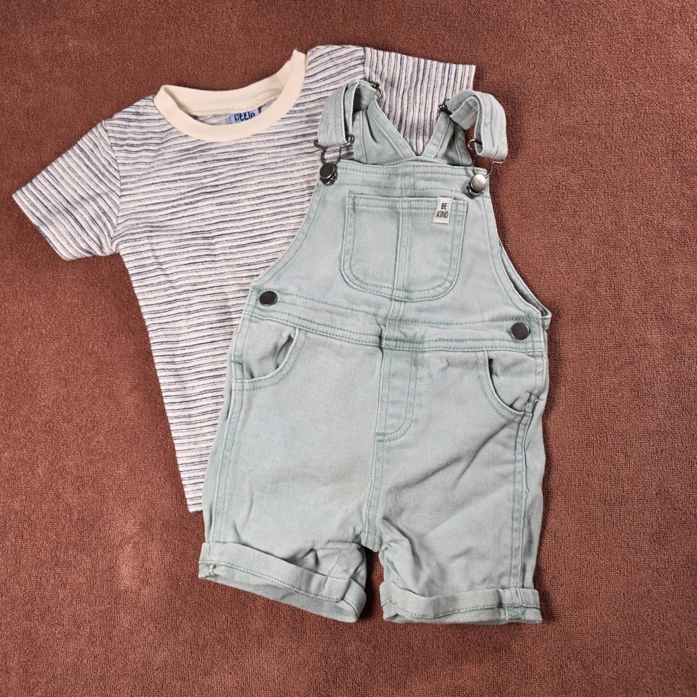 Little Lad Boys 24M 2pc Set Striped T-Shirt and Green Denim Overalls Be Kind